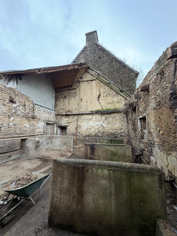 Intérieur délabré d'un ancien bâtiment agricole avec auges en béton